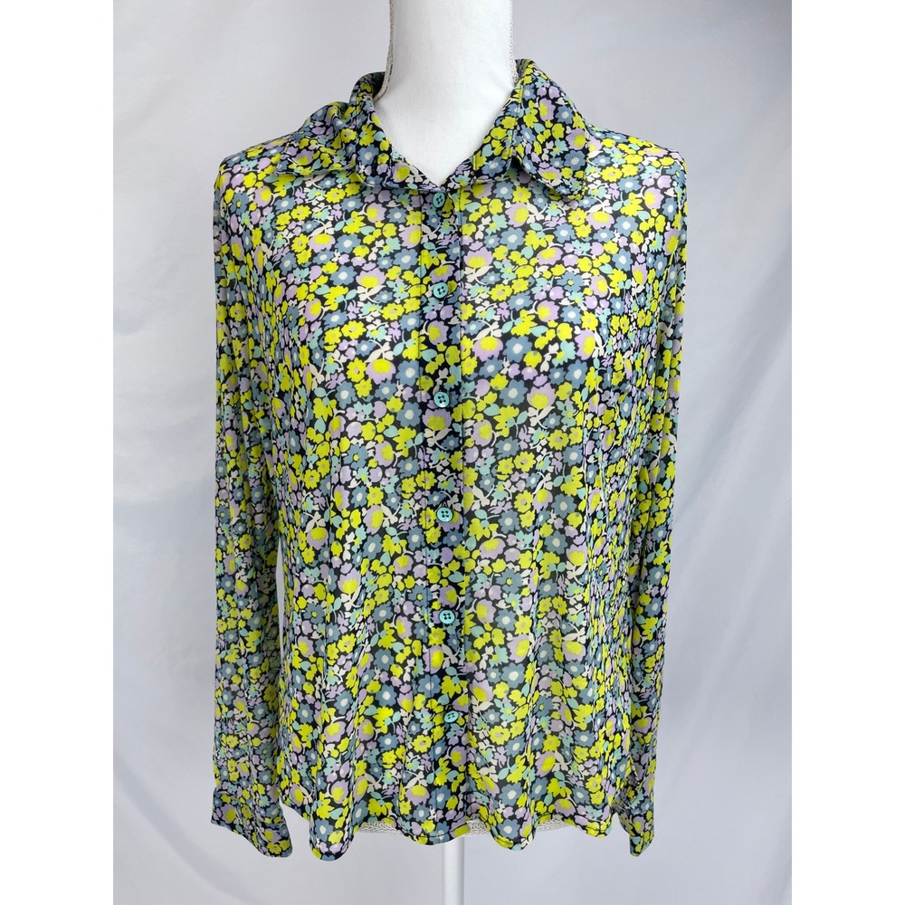 Cabi Get It Together Top Medium Long Sleeve Button Semi-Sheer Mesh Floral Blouse